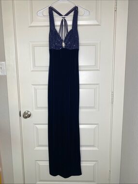 Navy Beaded Velvet Evening Gown